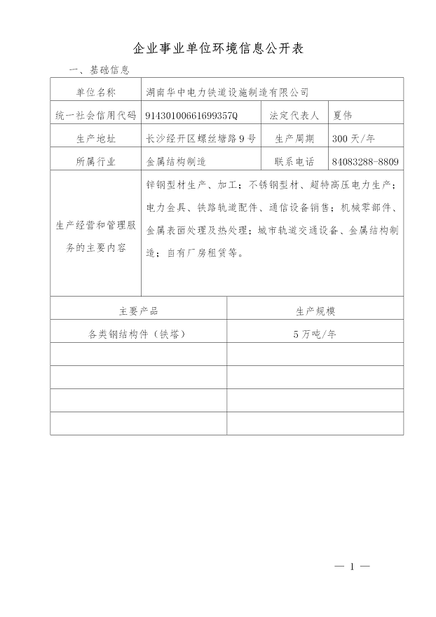 湖南华中电力铁道设施制造有限公司2019年度企业事业单位环境信息公开表(图1)